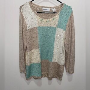 Alfred Dunner Gold and Green Embellished Sweater